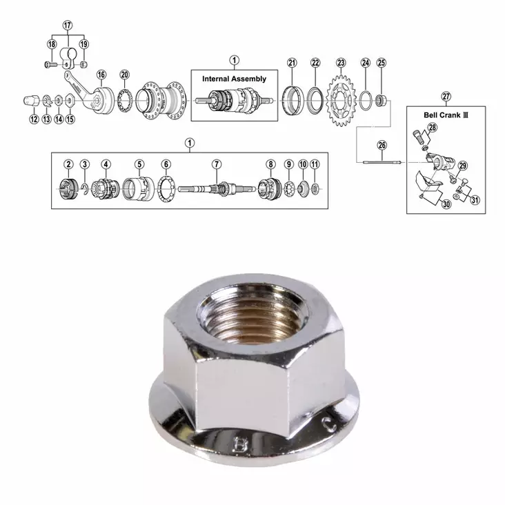 SHIMANO 3-V (SG-3C40), flänsmutter - Baknav Shimano 3-v - 64043 - 1